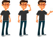funny cartoon character of a young man in jeans, wearing glasses, smiling and gesturing