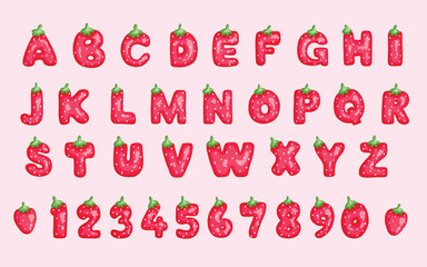 Cute strawberry letter font alphabet and number