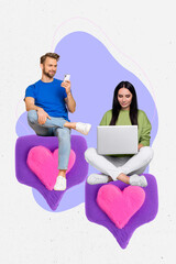 Fototapete - Template minimal collage promo poster of young couple lovers together chatting laptop smartphone income sweethearts isolated on white background