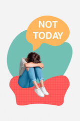 Sticker - Photo collage concept figurative ad melancholy of young girl sitting crying depressed mental health problem unproductive isolated on drawn background