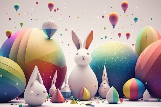 fantasy abstarct design amazing 3d Easter bunny and ornated painted rainbow colourd egg on white background. Happy Easter magical,generative ai.