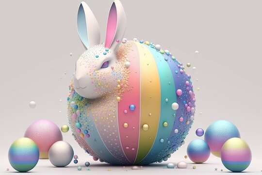 fantasy abstarct design amazing 3d Easter bunny and ornated painted rainbow colourd egg on white background. Happy Easter magical,generative ai.