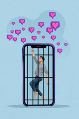 Aufkleber - Minimal collage photo of young guy popular blogging star addicted his lifestyle online instagram cage social media user isolated on blue background