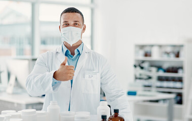 Poster - Ready to roll it out to the public. Portrait of a confident young scientist showing thumbs up in a modern laboratory.