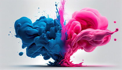 Sticker - Blue and pink colorful paints that blend together on white background. Generate Ai.