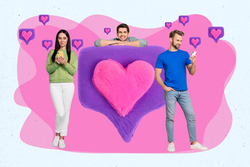 Poster - Photo collage of three people lovers together communicating chatting online messages like icon bonding partners flirting isolated on pink background