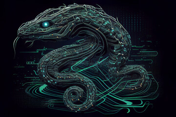 Wall Mural - Neural network of a snake brain with data and artificial intelligence circuit board in the body of a serpent reptile, outlining concepts of a digital brain, computer Generative AI stock illustration