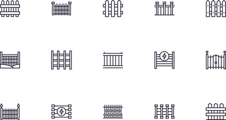 Fence concept. Collection of modern high quality fence line icons. Editable stroke. Premium linear symbol for web sites, flyers, banners, online shops and companies.