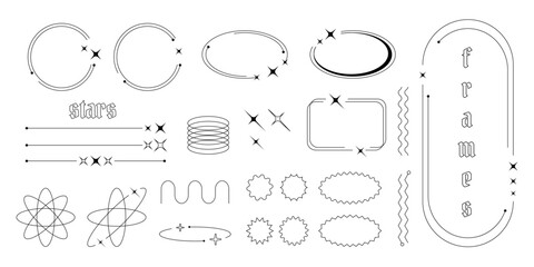 Poster - Set of Y2K border line frames with stars, labels, stickers, abstract wavy and circle elements.