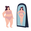 Plus Size  and a slim Women in front of the mirror