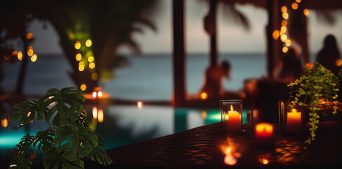 Wall Mural - night resort tropical palm and straw bungalow green blue pool water candles on table and blurred can
