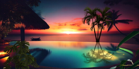 Wall Mural - night resort tropical palm and straw bungalow green blue pool water candles on table and blurred can