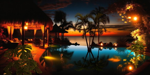 Wall Mural - night resort tropical palm and straw bungalow green blue pool water candles on table and blurred can