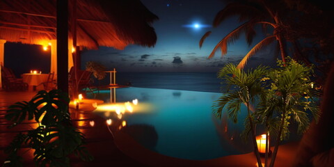 Wall Mural - night resort tropical palm and straw bungalow green blue pool water candles on table and blurred can