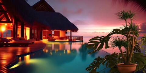 Wall Mural - night resort tropical palm and straw bungalow green blue pool water candles on table and blurred can