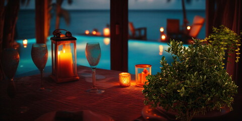 Wall Mural - night resort tropical palm and straw bungalow green blue pool water candles on table and blurred can