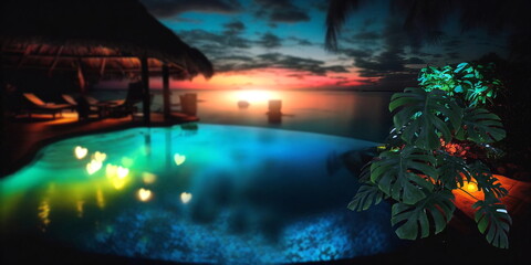 Wall Mural -  night resort tropical palm and straw bungalow green blue pool water candles on table and blurred candles light starry sky exotic holiday vacation travel backgrounds,generated ai