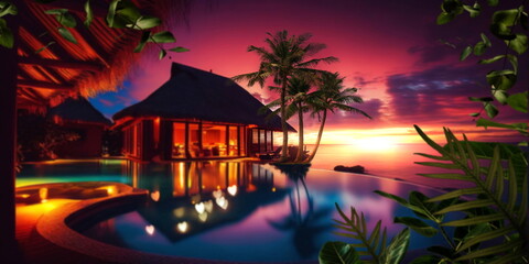 Wall Mural - night resort tropical palm and straw bungalow green blue pool water candles on table and blurred can