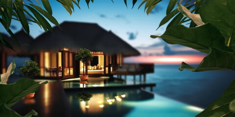 Wall Mural - night resort tropical palm and straw bungalow green blue pool water candles on table and blurred can