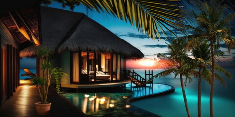 Wall Mural - night resort tropical palm and straw bungalow green blue pool water candles on table and blurred can