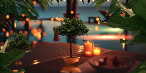 Wall Mural - night resort tropical palm and straw bungalow green blue pool water candles on table and blurred can