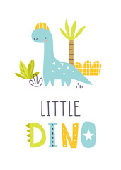 Wall Mural - cute dino print with text. poster with abstract little dinosaur and plants. scandinavian print with 