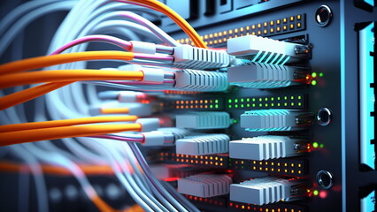 Network optical fiber cable plugged in a server with Generative AI Technology.