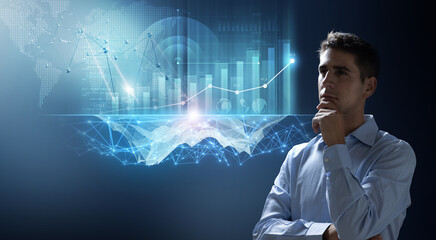 Fototapete - Broker analyzing holographic financial investment graph growth. Stock investment strategy concept.