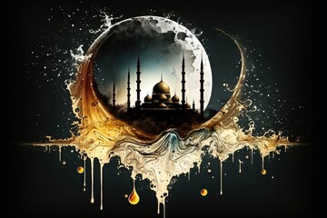 Wall Mural - Ramadan Kareem and Eid Mubarak moon and mosque as water splash art Arabic ilsamic celebration Abstract illustration generative ai