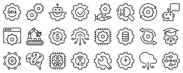 Line icons about process automation on transparent background with editable stroke.