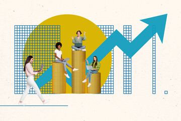 Aufkleber - Advertisement template banner collage of successful emoney company brokers girls celebrate high income stocks sales isolated on beige background