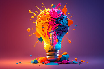 Wall Mural - a colorful glowing idea bulb lamp, visualization of brainstorming, bright idea and creative thinking