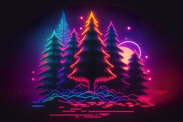 Wall Mural - Abstract christmas neon colorful background in style of retro synthwave, AI generated
