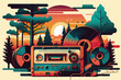 Flat retro design: Vintage music player, сassette, record, and musical mood during sunset in the forest | Generative AI Production