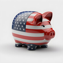 Piggy Bank In Colors Of USA Flag Isolated On White Background, AI Generated