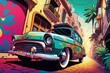 Surreal Anime Style Illustration of Vintage Car Driving Through Colorful Graffiti-Covered City Street: A UX/UI E-commerce Marvel for Auto Enthusiasts!, Generative AI