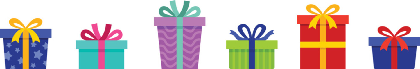 set of colorful surprise gift boxes on cartoon flat style design with ribbon isolated on white backg