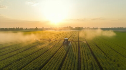  Farmer on a tractor spraying pesticides on a green soybean plantation at sunset, aerial drone view..
Farming industry.