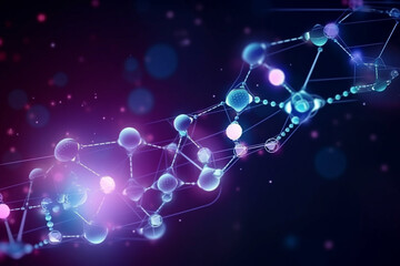 Science equipment, chemical bonding, molecule, DNA helix connections. Dark blue neon background banner, wallpaper or header.
