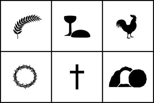 Easter christian holiday icons set in silhouettes. Palm, wine bowl and bread, cock, crown of thorns, cross and open tomb. Good friday symbols on a white background. Vector illustration