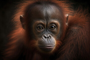 Wall Mural - Portrait of a baby orangutan isolated on black background. Generative AI