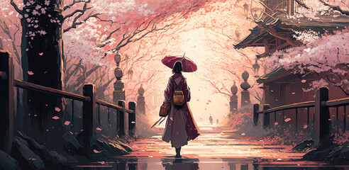 Wall Mural - a japanese cherry blossom seasons scene in anime movie atmosphere. a girl in kimono walking through 