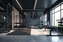 Modern Gym Interior With Sport And Fitness Equipment, Fitness Center Inteior, Inteior Of Crossfit And Workout Gym, Loft AI