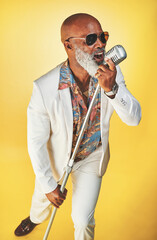 Poster - Im singing from the heart. Studio shot of a senior man wearing vintage clothes while singing into a microphone.