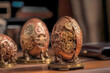 Zwei Eier aufwändig gearbeitet aus Uhrwerken und anderen feinen mechanischen Teilen in steampunk Design - generiert mit KI