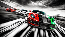 Abstract Speed Motion With Clouds Background, Car Racing In Track, Green And Red Card, 