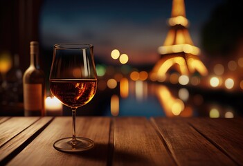 Wooden table top with a glass of wine with a blurred gorgeous night view of the Eiffel Tower, Paris. Vacation concept for mounting your product. Generative AI.