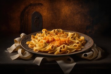 Canvas Print - plate of freshly cooked dry pasta, ready to be dressed in sauce and eaten, created with generative ai