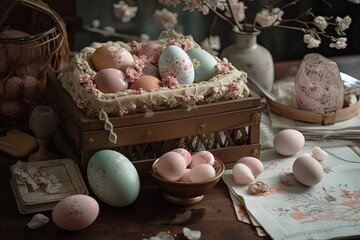 Happy Easter basket and many pastel color Easter eggs. Generative AI.
