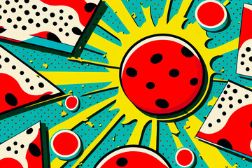 Pop art comic book background with sun and watermelon. Generative AI